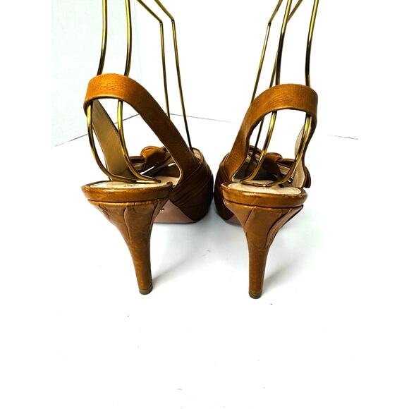 Prada Tan Leather Slingback Heels Size 36 Knotted Platform Sandals - Picture 7 of 11